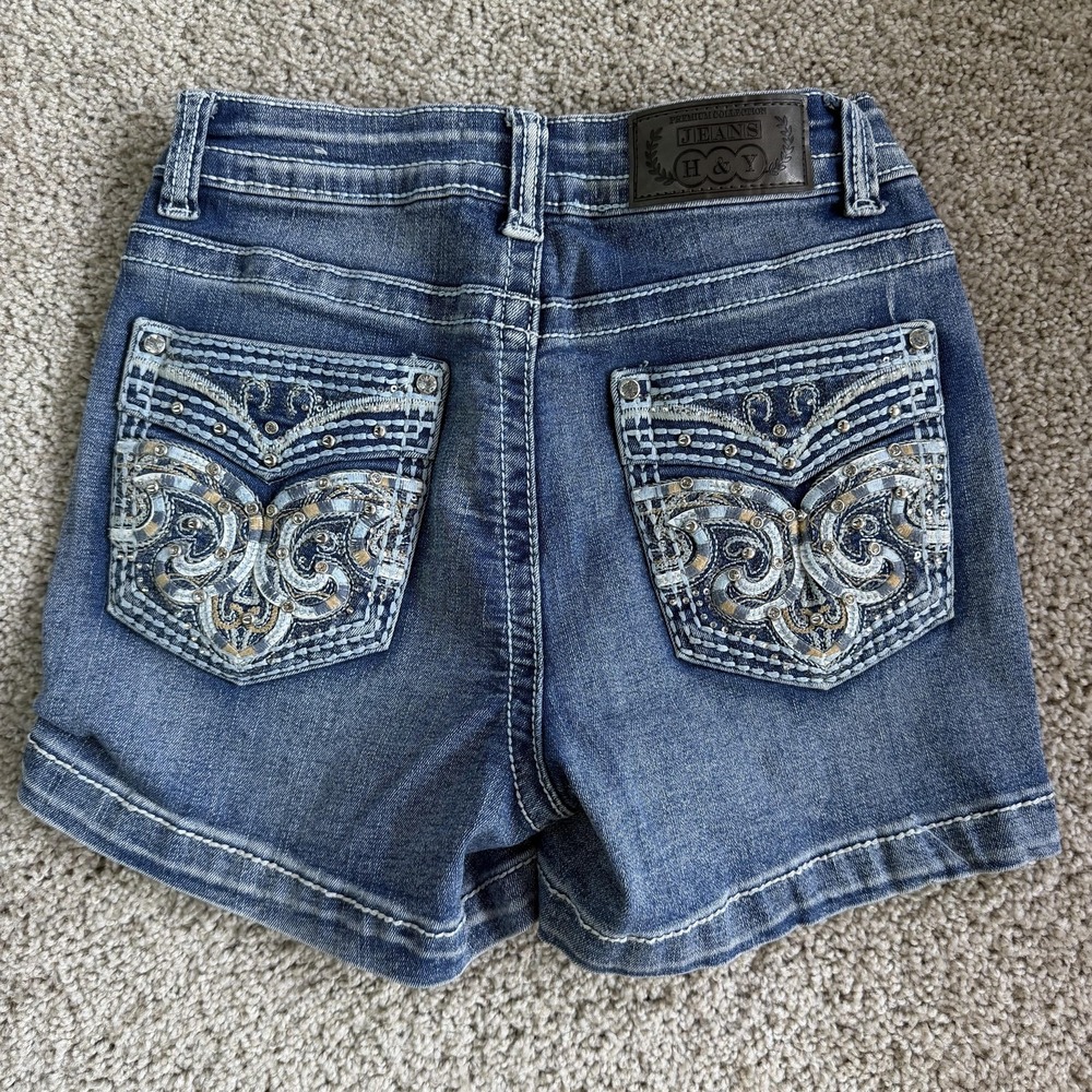 Y2K Style Shorts Girls 7/8 Blue Denim Bermuda Embellished Back Pockets Summer